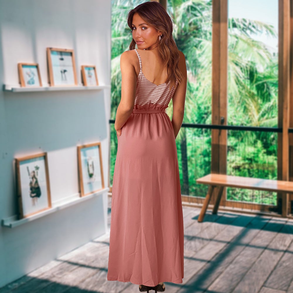 Waist Tie V Neck Spaghetti Strap Maxi Dress