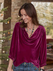 Women's T-Shirts Gold Velvet Pile Neck Pleated Long Sleeve T-Shirt