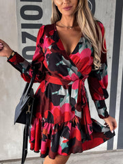 Women's Dresses Printed Waist Strap V Neck Long Sleeved Mini Dress