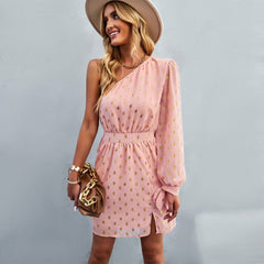 One Off Shoulder Long Sleeve Polka Dot Mini Dress
