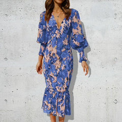 Fashion Print Split Joint V Neck Trumpet Mermaid Dresses