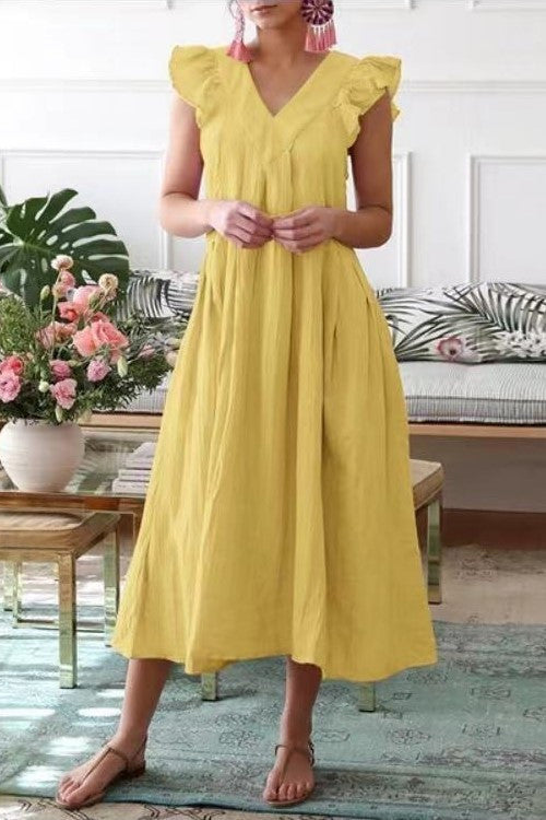 Ruffles Sleeve V Neck Midi Dress