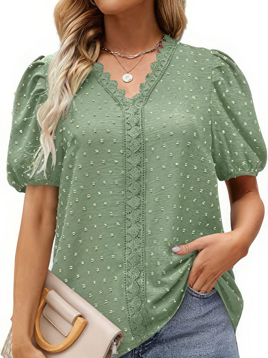 Women's T-Shirts Lace Bubble Short Sleeve V Neck T-Shirt