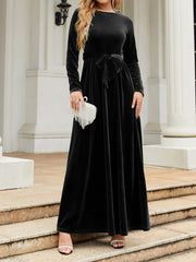 Women's Dresses Solid Gold Velvet Tie-Up Long Sleeve Dress