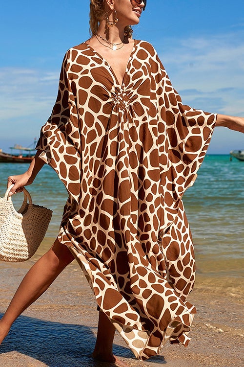 Print V Neck Bat Maxi Dress