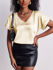 Women's T-Shirts V Neck Pocket Rolled Short Sleeve Loose Casual T-Shirt