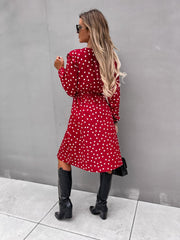 Polka Dot Long Sleeve Deep V Neck Side Split Dress