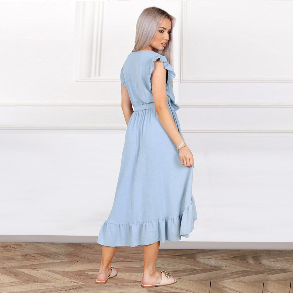 Casual Ruffle Sleeve V Neck Side Wrap Maxi Dress
