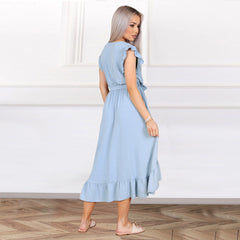Casual Ruffle Sleeve V Neck Side Wrap Maxi Dress