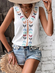 Tops Ethnic Style V Neck Embroidery Stitching Hem Tank Top