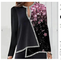 Fashion Long Sleeve Scoop Neck Printed Irregular Blouse