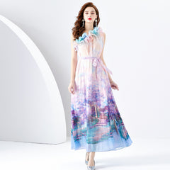Bohemian Vacation Floral Patchwork Oblique Collar Beach Dress Dresses