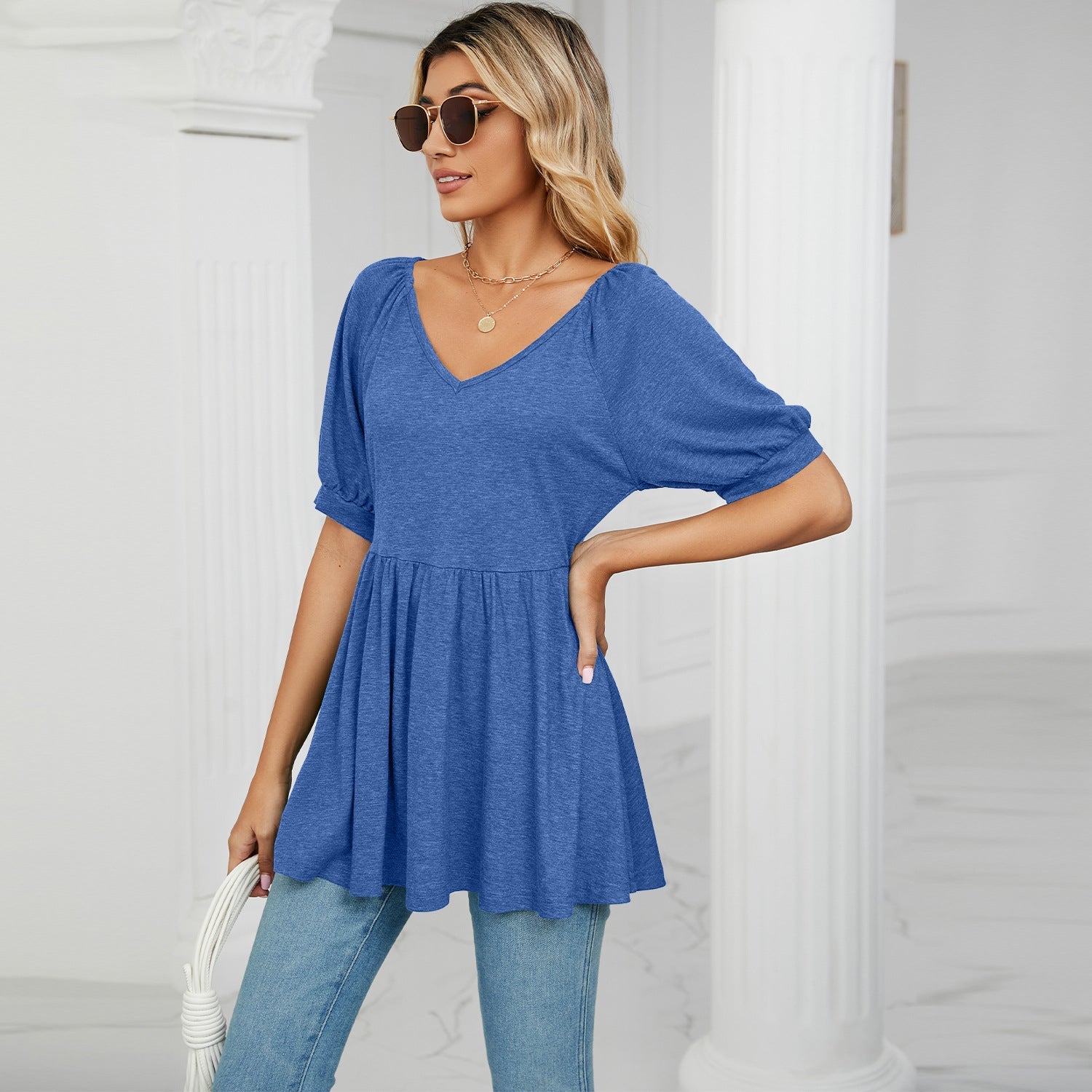 Offshoulder Short Sleeve Solid Color Blouse Top
