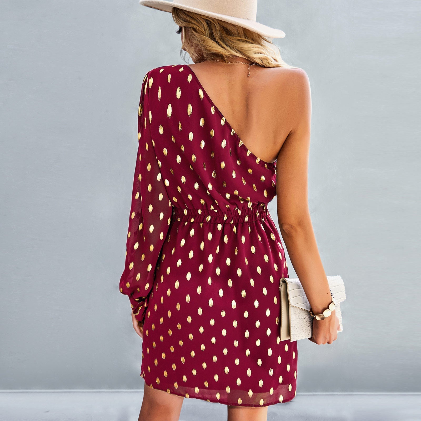 One Off Shoulder Long Sleeve Polka Dot Mini Dress
