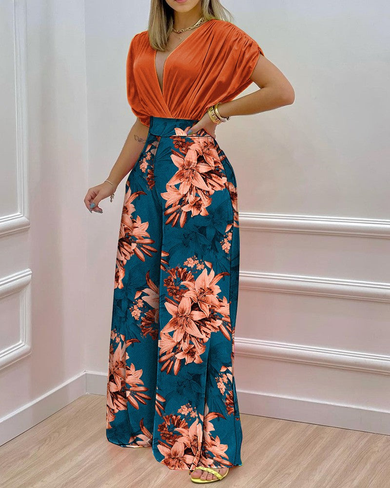High Waist Floral Deep V Neck Wide Long Legs Jumpsuit