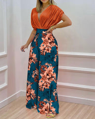 High Waist Floral Deep V Neck Wide Long Legs Jumpsuit