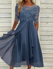 Fashion Short Sleeve Round Neck Pleated Midi Dress
