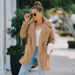 Lapel Collar Front Pocket Faux Shearling Shaggy Jacket Coat