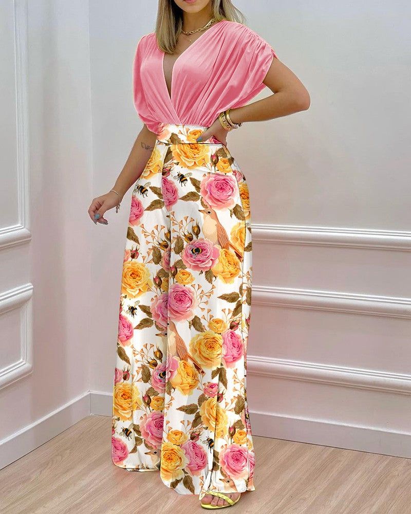 High Waist Floral Deep V Neck Wide Long Legs Jumpsuit