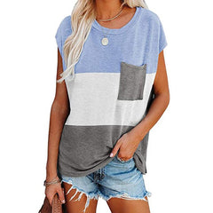 Casual Crewneck Cap Sleeve T Shirt with Pocket