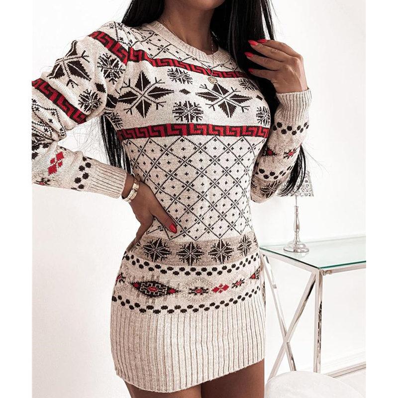 Round Neck Christmas Sweater Mini Dress