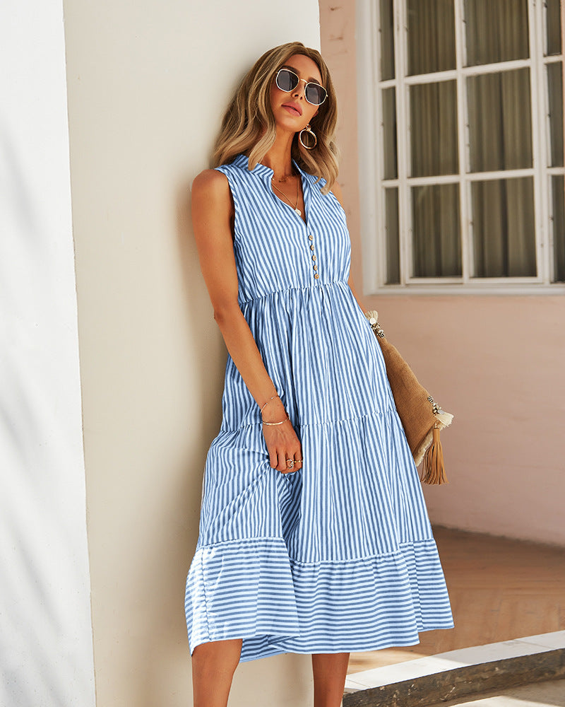 Elegant Striped Patchwork Square Collar Sleeveless Dress Dresses(3 Colors)