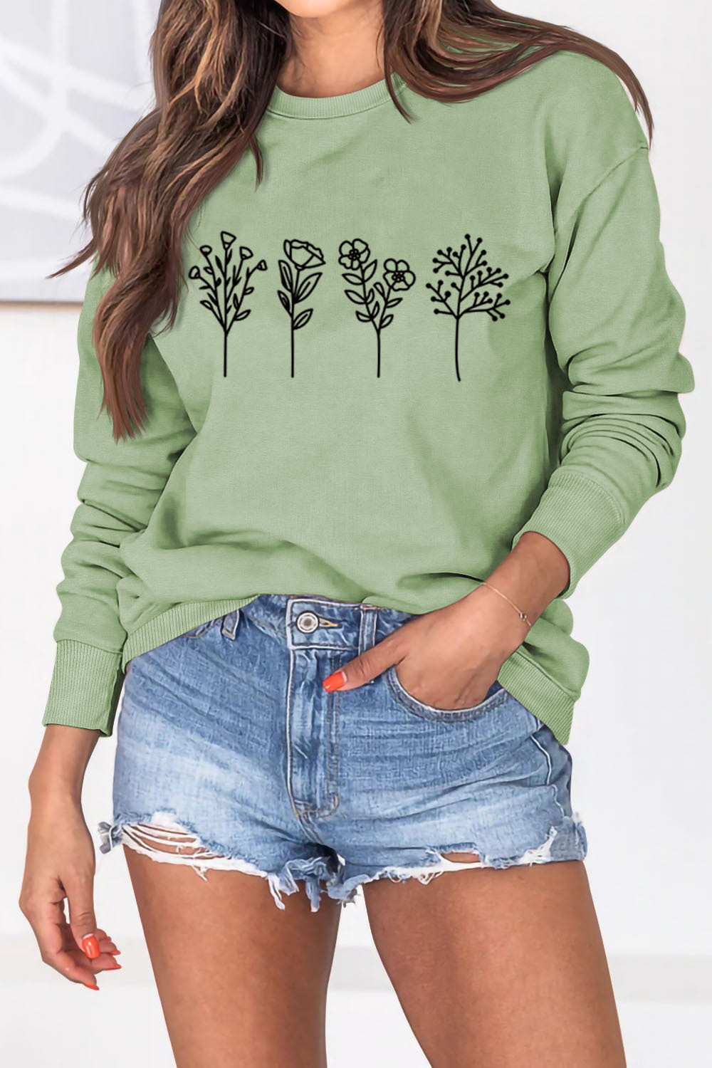 Fashion Long Sleeve O-Neck Floral Print Sweatshirt Top
