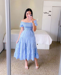 Fashion Short Sleeve Printed Flared Midi Dress