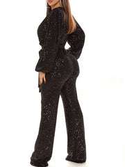 Deep V-Neck Long Sleeve Belted Sequin Jumpsuit
