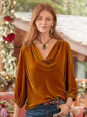 Women's T-Shirts Gold Velvet Pile Neck Pleated Long Sleeve T-Shirt