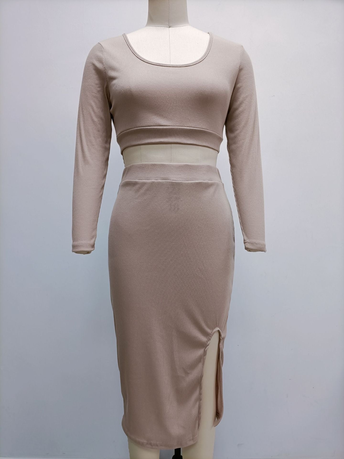 Two Piece Set Long Sleeve Fitted Crop Top and Side Slit Midi Skirt