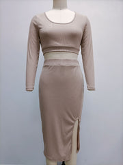Two Piece Set Long Sleeve Fitted Crop Top and Side Slit Midi Skirt