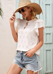 Cut Out Round Neck Flouncing Short Sleeve T-shirt