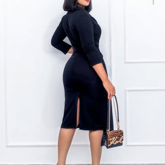 Lapel Collar 3/4 Sleeve Solid Fitted Mid calf Dress