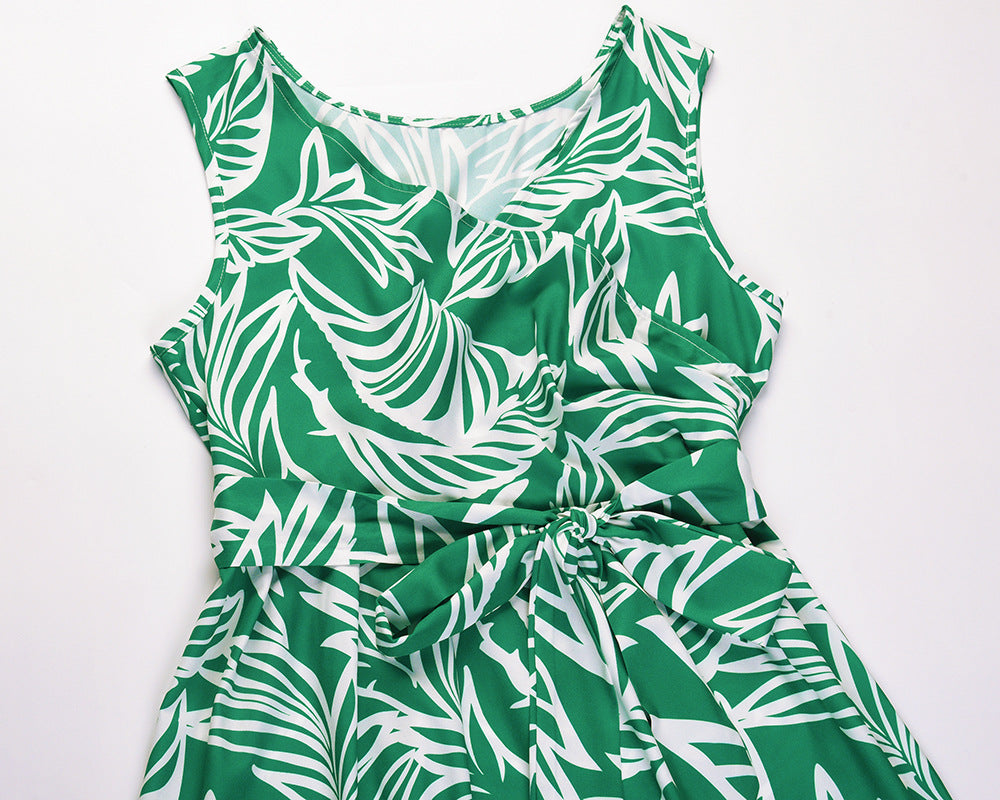 Sleeveless V Neck Tie Waist Floral Tank Midi Dress