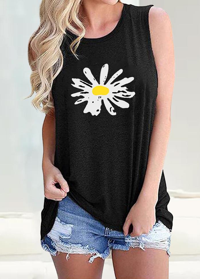 Daisy Printed Round Neck Sleeveless T-shirt