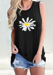 Daisy Printed Round Neck Sleeveless T-shirt