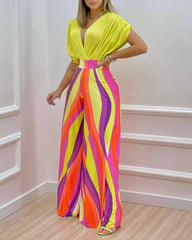 High Waist Floral Deep V Neck Wide Long Legs Jumpsuit