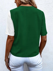 Double Color Short Sleeve V Neck Blouse Top