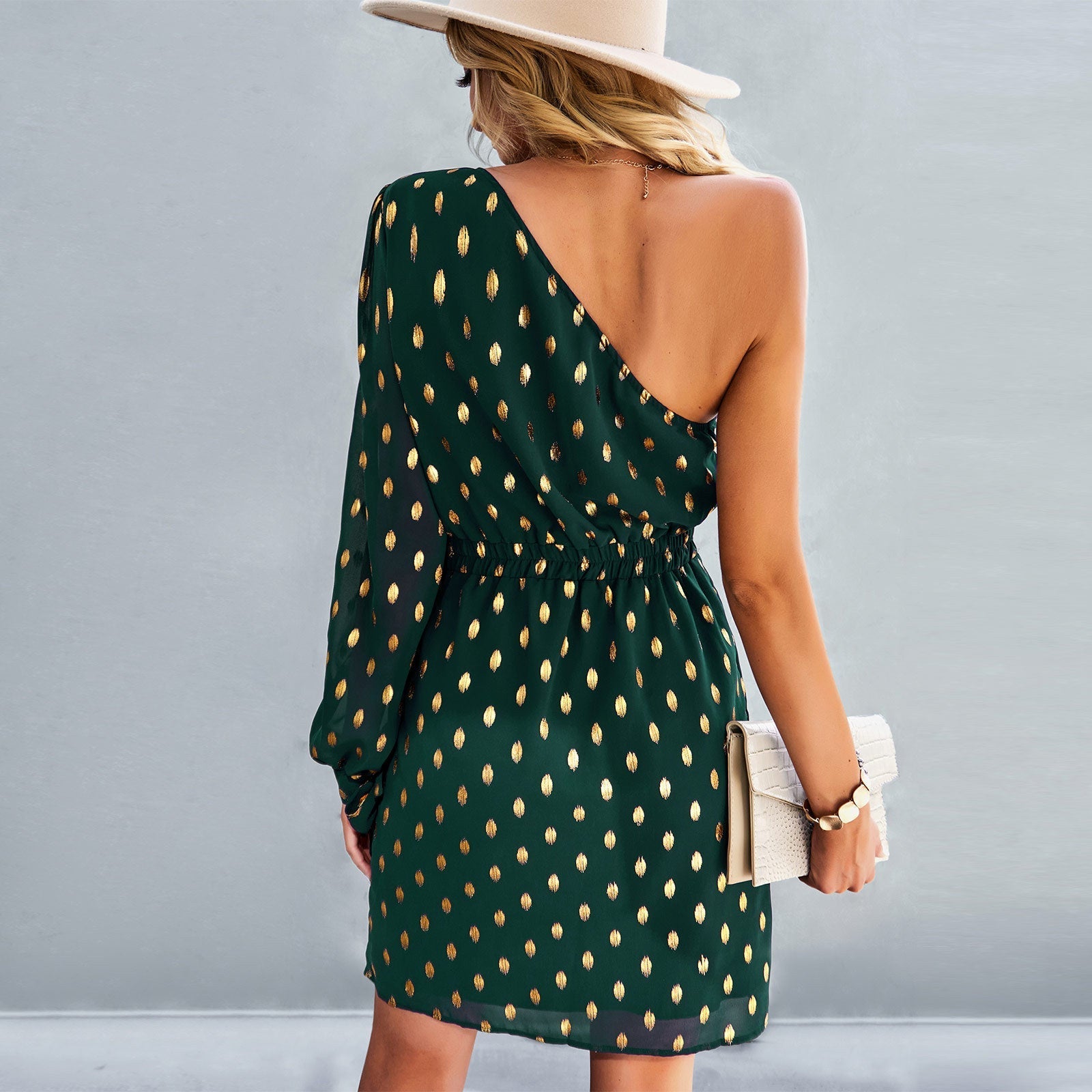 One Off Shoulder Long Sleeve Polka Dot Mini Dress