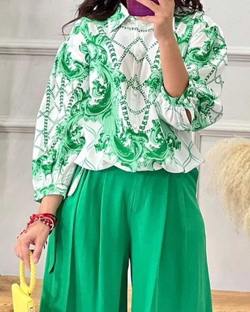 Two Piece Outfit Long Sleeve Print Blouse Top and Wide Pant Set