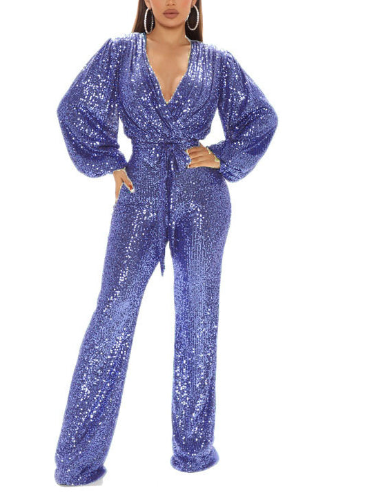 Deep V-Neck Long Sleeve Belted Sequin Jumpsuit