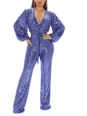 Deep V-Neck Long Sleeve Belted Sequin Jumpsuit
