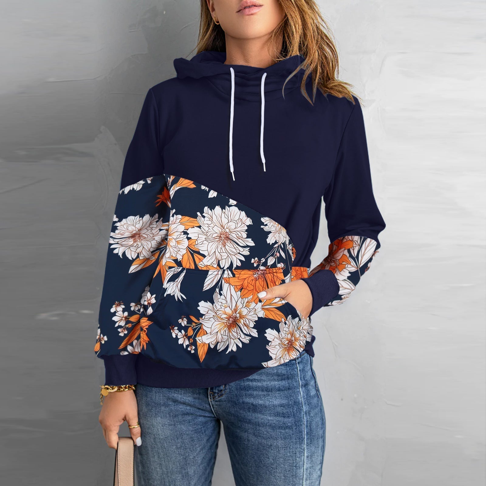 O-Neck Long Sleeve Floral Print Drawstring Sweatshirt