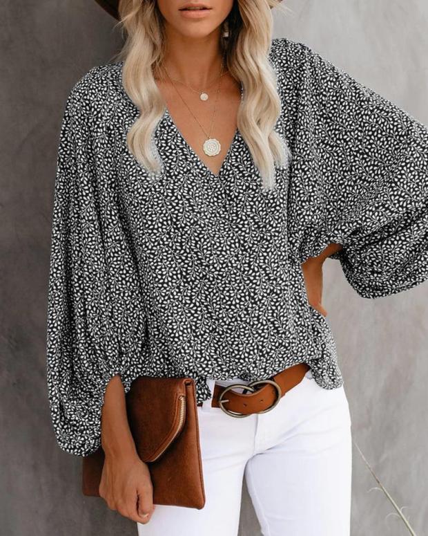 V Neck Balloon Sleeve Loose Blouses Tops