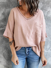 Women's T-Shirts Fashion Solid Color V Neck Mid Sleeve T-Shirt