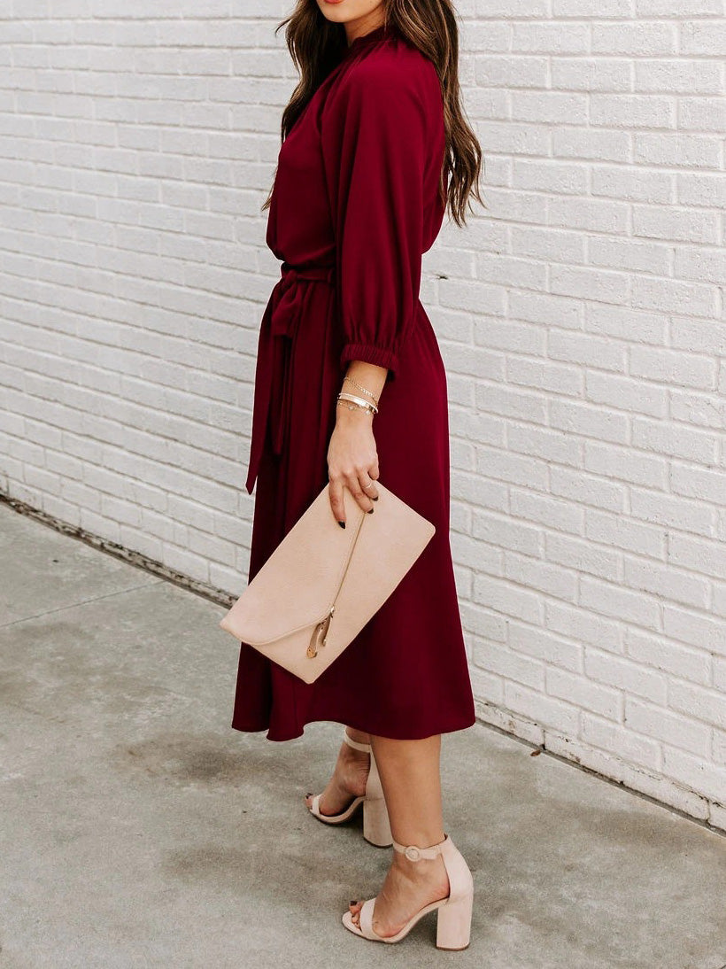 Women's Dresses Round Neck Lace-Up Long Sleeve Dress