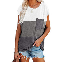 Casual Crewneck Cap Sleeve T Shirt with Pocket