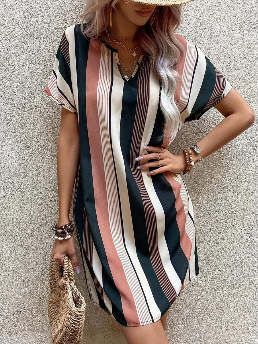 Women's Dresses Striped Print V Neck Short Sleeve Mini Dress