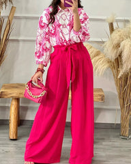 Two Piece Outfit Long Sleeve Print Blouse Top and Wide Pant Set